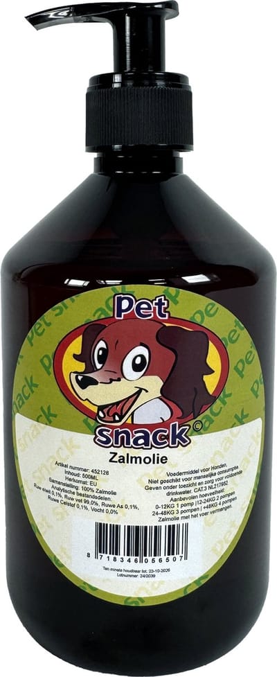 Zalmolie Honden Supplement PETSNACK - Natuurlijke 100% Pure Zalmolie - 500ml Pompflacon