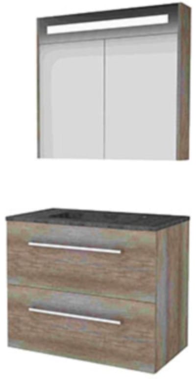 Basic-Line Premium 46 Badkamermeubelset - 80 x 46 cm - Met Grepen - 2 Lades - Hardstenen Wastafel - Zonder Kraangat - Spiegelkast met LED Verlichting - Scotch Oak