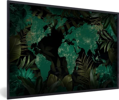 Poster in lijst - Fotolijst 90x60 cm - Posters - Wereldkaart - Groen - Bladeren - Posterlijst zwart - Decoratie - Wanddecoratie woonkamer - Muurdecoratie slaapkamer