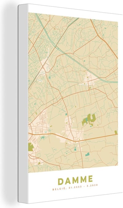 Canvas Schilderij Damme - Kaart - Vintage - Stadskaart - Plattegrond - 20x30 cm - Wanddecoratie