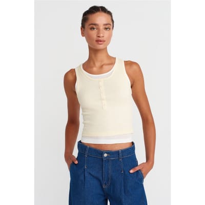 Katoenen Geribbelde Mouwloze Knop Blouse