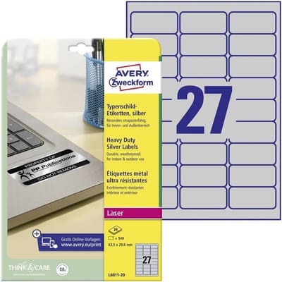 Weerbestendige zilveren etiketten 63,5 x 29,6 mm - 540 etiketten op A4 vellen