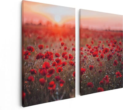 Artaza Canvas Schilderij Tweeluik Rode Klaprozen Bloemenveld Zonsondergang - 80x60 cm - Wanddecoratie Woonkamer - Schilderijen - Muurdecoratie