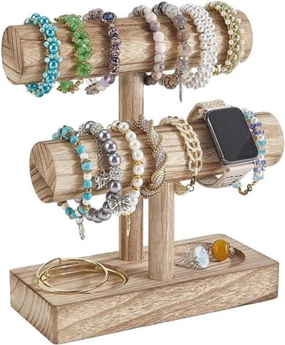 2-laags armbandhouder van hout T-vormige sieradenstandaard toren - armbanden - horloges - houten armbandhouder - armbandopslag - thuissieraden opbergen - armbandhouder - houten sieradenstandaard - houten armbandenhouder
