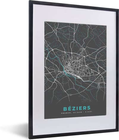 Fotolijst incl. Poster - Béziers – Plattegrond – Frankrijk – Kaart – Stadskaart - 30x40 cm - Posterlijst