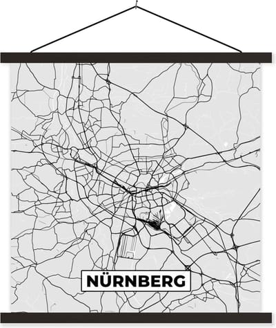 Posterhanger incl. Poster 60x60 cm - Schoolplaat - Nürnberg - Kaart - Stadskaart - Plattegrond - Duitsland - Textielposter - Zwarte latten - Stadskaart