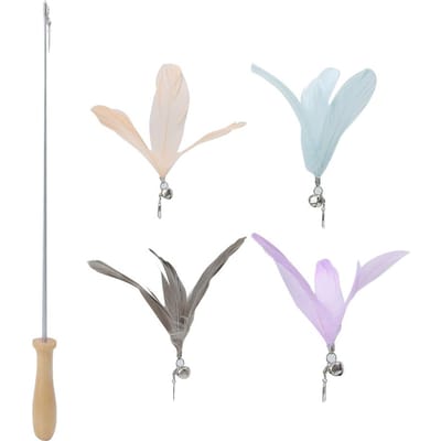 Houten Handvat Telescopische Kat Grappige Teaser Hanger Hengel Stok met 4 STuks Veer Vervangende Kop white