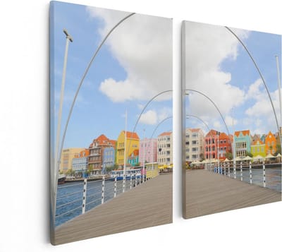 Artaza Canvas Schilderij Tweeluik Willemstad Gekleurde Huisjes in Curaçao - 80x60 - Foto Op Canvas - Canvas Print