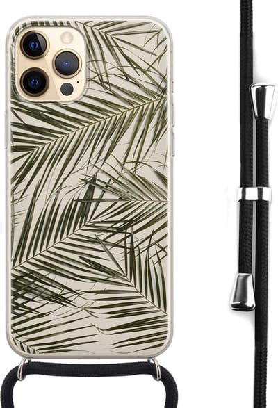 Hoesje met koord - Geschikt voor iPhone 12 - Palmbladeren - Verstelbaar zwart koord - Transparant, Groen - Planten - Leuke Telefoonhoesjes