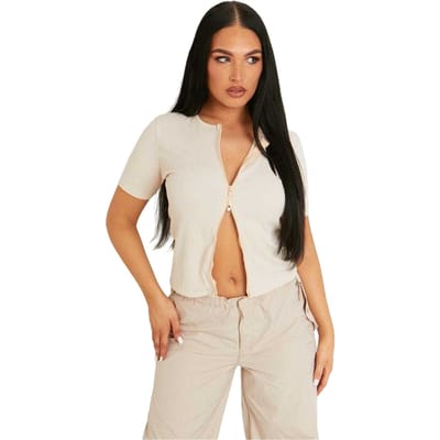 Missy Empire Dames-top met geribde boorden, ritssluiting en korte mouwen (Beige)