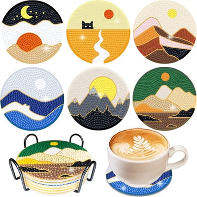 BOTC Diamond Painting - Onderzetters met Houder - Set van 6 - Pakket Volwassenen en Kinderen - Cadeau - Landschappen