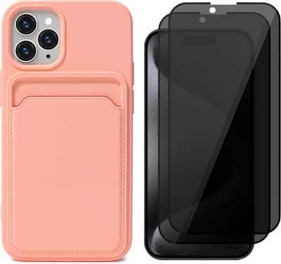 Hoesje Pasjeshouder geschikt voor iPhone 15 Pro - 2x Privacy Screenprotector FullGuard - Siliconen Case Back Cover Roze & Screen Protector