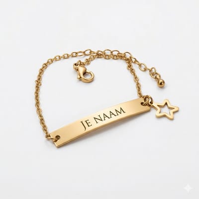 Armband met graveer, Armband met naam, Goudkleurige armband met naamgravure en sterbedel – verstelbaar, Armband met naamplaatje ,graveerarmband