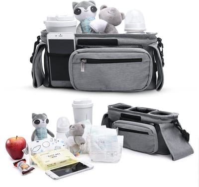 Nieuwe en verbeterde opbergtas voor kinderwagens - Geschikt voor 2 bekerhouders voor baby's - Kan worden gebruikt als handbagage - Universeel geschikt voor alle kinderwagens - Grijs