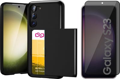 Hoesje met Pasjeshouder geschikt voor Samsung Galaxy S23 - Privacy Screen Protector FullGuard - Back Cover SlideCase Zwart & Screenprotector