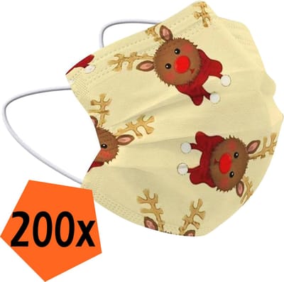 Mondkapje Kerst Wegwerp Geel - Mondmasker Wegwerp Niet Medisch Mondkapje Rendier - Kerst Mondkapje Wegwerp Universeel - 200 Stuks