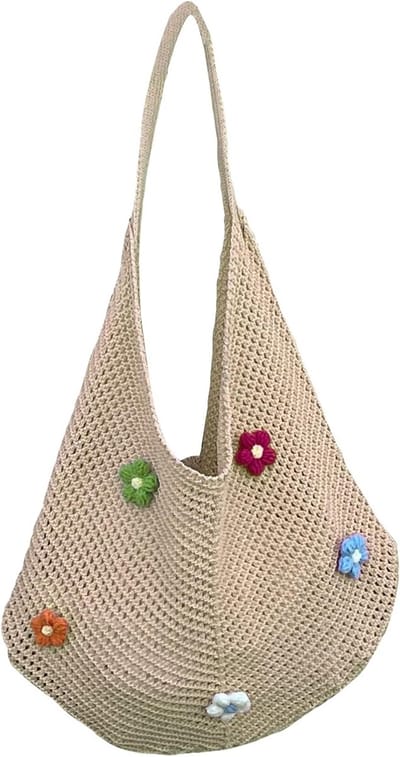 Boho Strandtas voor Vrouwen - Gebreide Schoudertas met Bloemenprint, Ruim en Casual voor Werk, Reizen en Vakantie