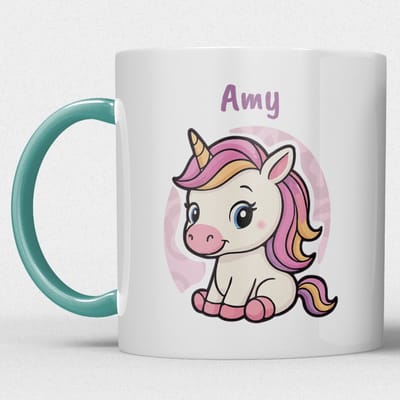 kindermok/kinderbeker | gepersonaliseerd met naam | met eenhoorn | zeegroen blauw | Schattige illustraties