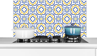 Spatscherm keuken 100x50 cm - Kookplaat achterwand Bloem - Blauw - Geel - Tegels - Patronen - Muurbeschermer - Spatwand fornuis - Hoogwaardig aluminium
