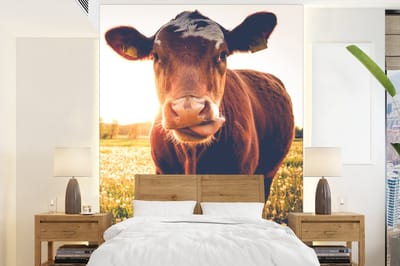 Behang - Fotobehang Koe - Zonsondergang - Bloemen - Gras - Dieren - Breedte 205 cm x hoogte 280 cm