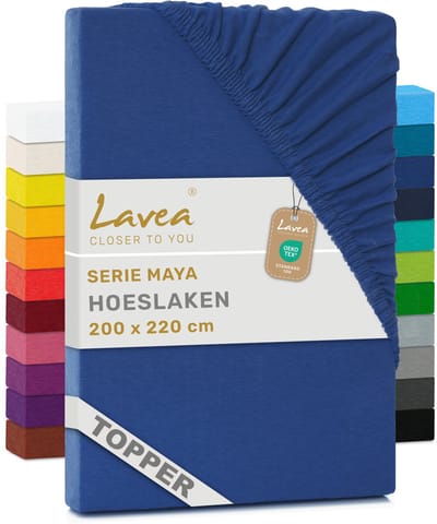 Lavea® Hoeslaken voor Topper/Topmatras 200x220 cm – 100% Katoen Jersey – Geschikt voor Topmatrassen tot 10 cm – Met Elastiek Rondom – OEKO-TEX Gecertificeerd – Koningsblauw
