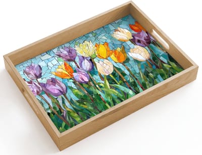 Dienblad hout 40x30 cm - Schootdienblad - Mozaïek - Veld - Tulpen - Kleurrijk - Borrelplank rechthoek - Plateau dienbladen