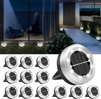 Set van 12 solar grondlampen, 8 LED buitenlampen op zonne-energie, waterdichte buitenspot op zonne-energie, verlichting op zonne-energie voor terras, oprit, paden, gazon, tuin, zwembaden,Wit