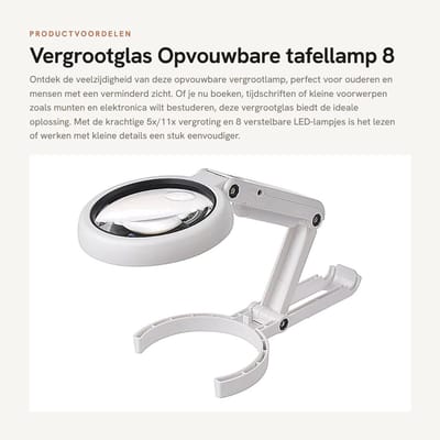 Dailygoods - Vergrootglas - Opvouwbare tafellamp - 8 LED-lampjes - Wit - Leesloep - Ideaal voor ouderen en hobbyisten - Handig voor detailwerk