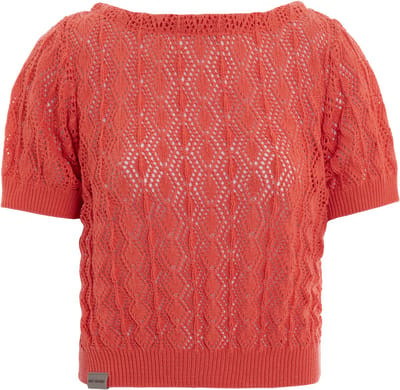 Knit Factory Nomi Trui Dames - Gebreide Damestrui met Haakpatroon en Boothals - Luchtige Dames Top - Dames Pullover - Sunset Orange - 36/38