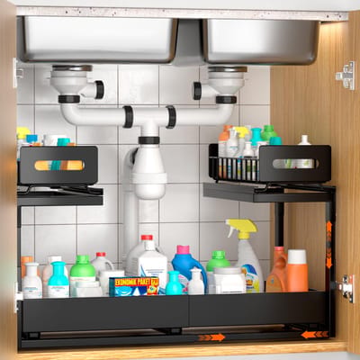 Unyqoos® Uittrekbare en in hoogte verstelbare kastorganizer voor keuken en badkamer