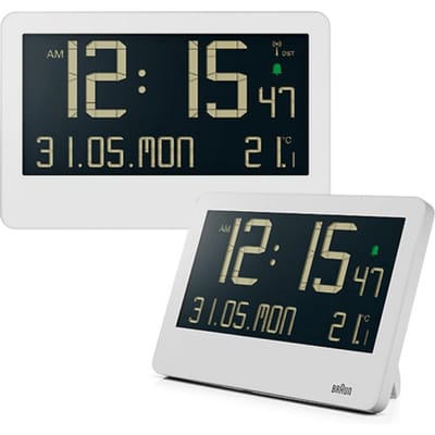 Braun BC14W - Wandklok - Tafelklok - Digitaal - LCD - Kalender- en temperatuurfunctie - Pieptoonalarm • 12/24H - Uitklapbare standaard - Wekkerfunctie - Snooze - Wit