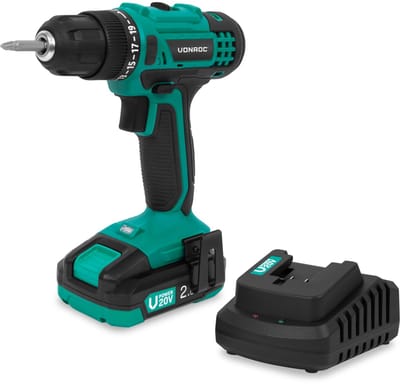 VONROC Accuboormachine 20V – 19 schroefstanden + boorstand - Incl. 2 bits - Incl. 2.0Ah Accu en snellader
