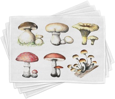 ABAKUHAUS Paddenstoelen-placemats, handgetekend paddenstoelenpatroon (Amanita muscaria, boletus, champignon) – retro-illustratie, tafeldecoratie van kleurvast stof voor eetkamer en keuken, veelkleurig