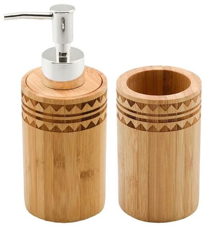 Items Badkamer set - bamboe hout - 2 delig - zeeppompje + beker - 11 cm - badkamer set