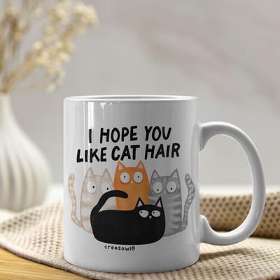 Creasowl® I Hope You Like Cat Hair Mok – Grappige Witte Keramische Koffiemok 325ml - Humor Mok voor Kattenliefhebbers - Perfect Cadeau voor Katten eigenaren & Dierenfans