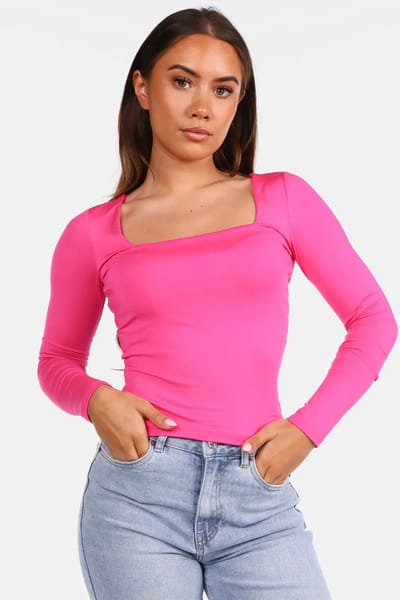Getdrezzed Top - Maat: M - Basic shirt vierkante hals fuchsia