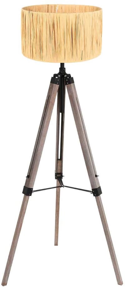 Vloerlamp Triek 4101ZW driepoot hout met seagrass kap, verstelbaar in hoogte 135-160 cm, retro stijl, Mexlite
