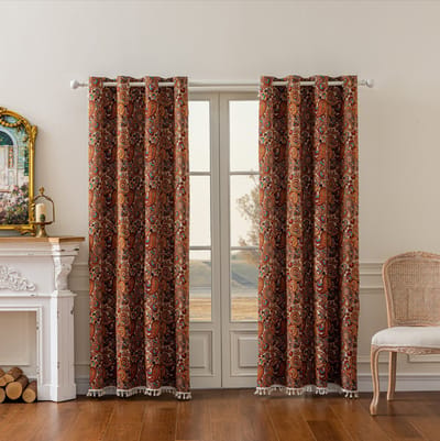 Floraweg Bohemian Paisley-gordijnen met franjes,Vintage karamelkleur,Verduisteringsgordijnen in Amerikaanse stijl voor woon- en slaapkamers, 140 x 160 cm,met haakjes ringen