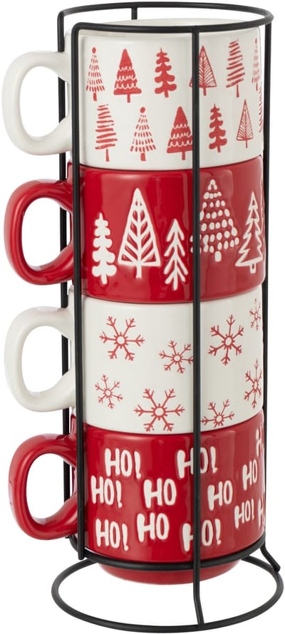 J-Line kopje Kerstmis Dolomiet - keramiek - rood/wit - doos van 4