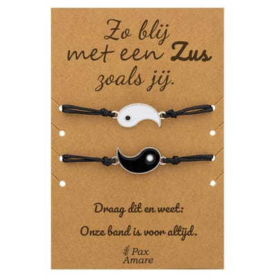 Vriendschapsarmbandjes voor 2 "Zo blij met een zus zoals jij" - Yin Yang - Sisters Armbandjes met Cadeau Kaartje - Zilverkleurig - Elastisch Verstelbaar - Pax Amare