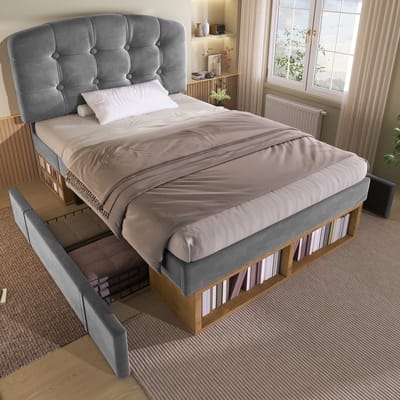 Kinderbed 90x200 cm - Eenpersoonsbed - Tienerbed - Bedframe met in hoogte verstelbaar hoofdeinde en lattenbodem - Grijs - Fluweel - Bed met lades en opbergruimte (matras niet inbegrepen)