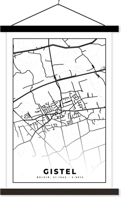 Posterhanger incl. Poster 40x60 cm - Schoolplaat - Plattegrond – Gistel – Zwart Wit – Stadskaart - België - Kaart - Textielposter - Zwarte latten - Stadskaart
