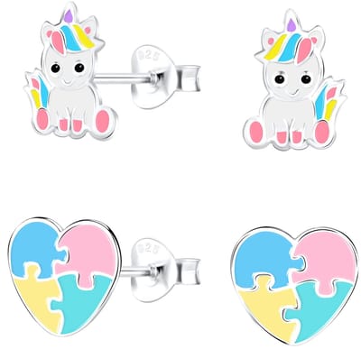 Joy|S - Zilveren baby eenhoorn oorbellen en hartje / puzzel oorbellen - set 2 paar - kinderoorbellen