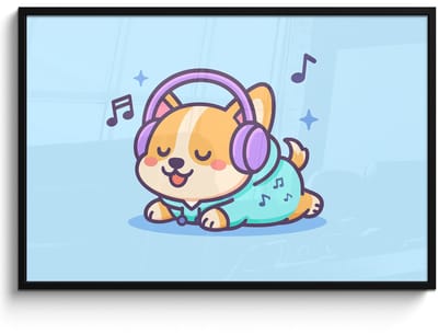 Poster in lijst - Fotolijst 120x80 cm - Posters - Corgi - Koptelefoon - Blauw - Muzieknoten - Posterlijst zwart - Decoratie - Wanddecoratie woonkamer - Muurdecoratie slaapkamer