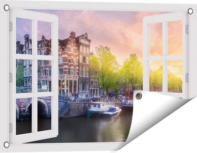 Gards Tuinposter Doorkijk Amsterdamse Grachten - 60x40 cm - Tuindoek - Tuindecoratie - Wanddecoratie buiten - Tuinschilderij