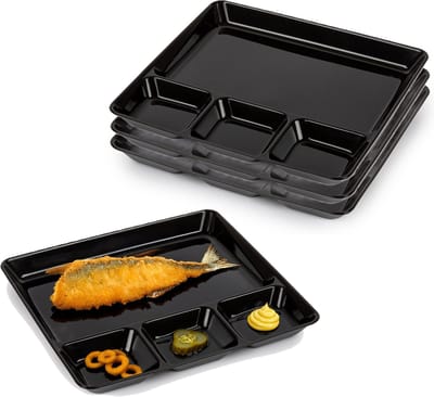 PlasticForte Vakjesborden - 4x stuks - zwart - gourmetbord - 4-vaks - kunststof - 26 x 24 cm - fonduebord
