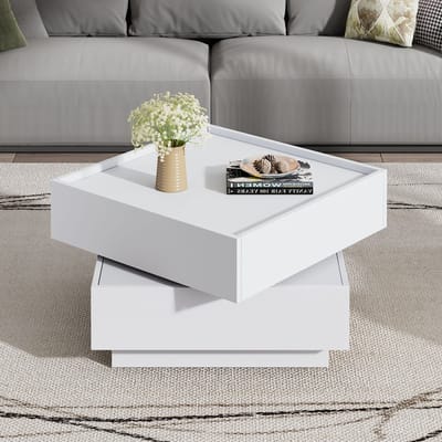 Wishdor 360° draaibare salontafel wit - 2 laden, 60×60×38 cm, multifunctioneel ontwerp met opstaande rand
