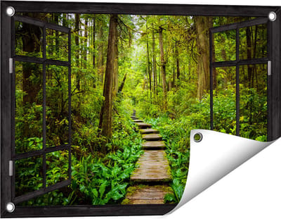 Gards Tuinposter Doorkijk Voetpad in het Bos met Groene Planten - 60x40 cm - Tuindoek - Tuindecoratie - Wanddecoratie buiten - Tuinschilderij