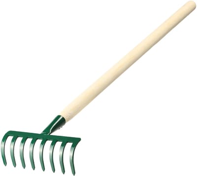 KADAX Handhark, kleine metalen hark met houten handvat voor tuinieren, duurzame tuinhark voor het losmaken van grond en het verwijderen van onkruid (groen, 8 tanden)