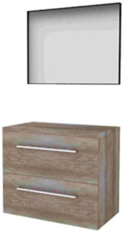 Basic-Line Framed 46 Badkamermeubelset - 80 x 46 cm - Met Grepen - 2 Lades - Wastafelblad - Spiegel met Zwart Aluminium Frame - Scotch Oak